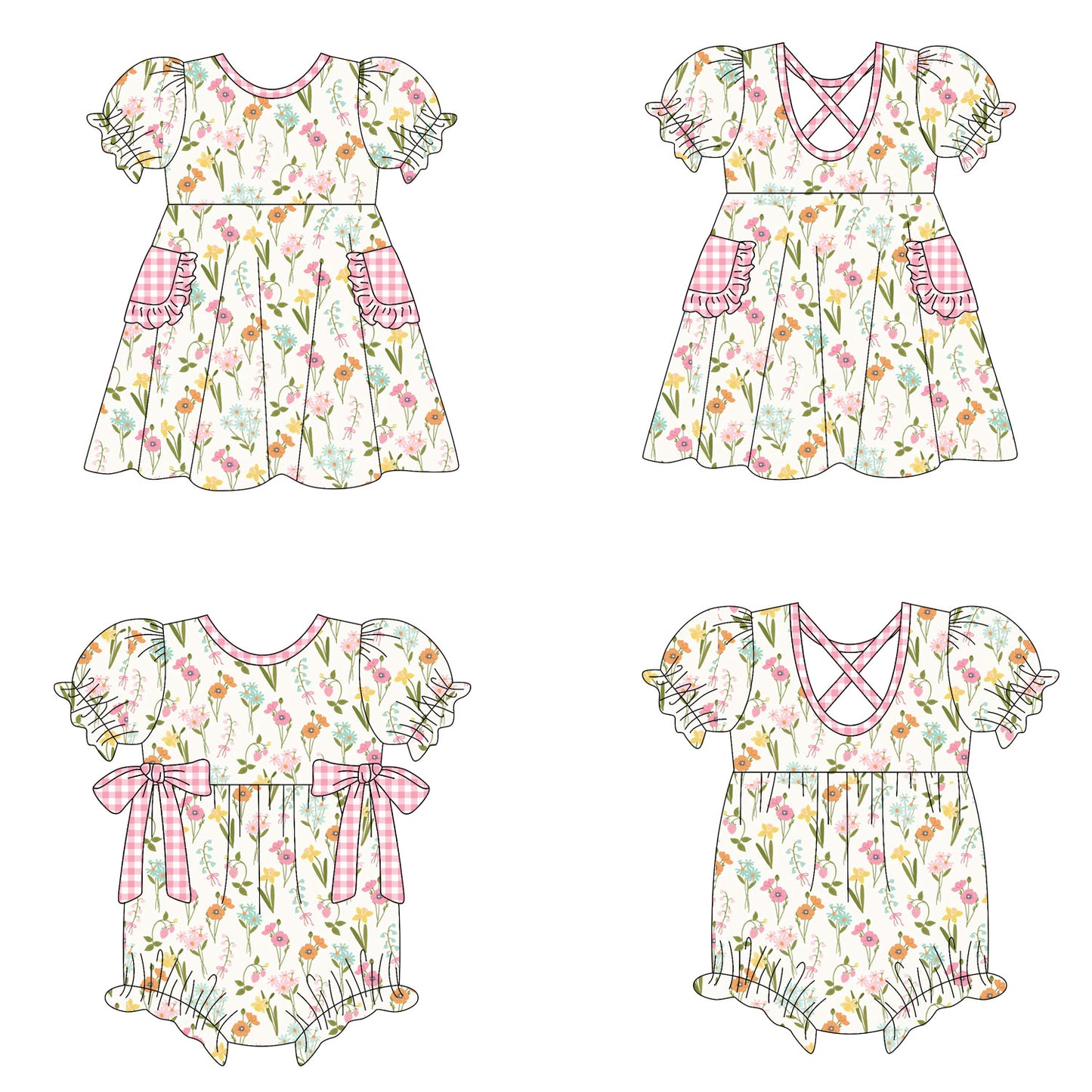 ( Moq 5 Each Style ) Girls Kids Short Sleeves Flower Sibling Summer Romper Dress