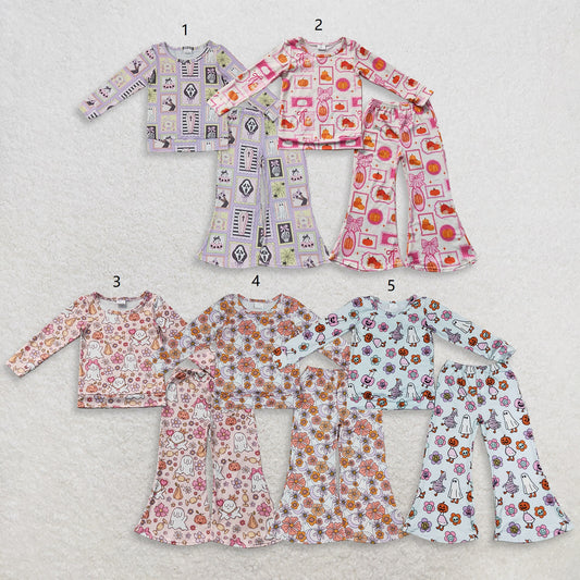 Sibling Baby Girls Kids Long Sleeves Pumpkins Ghosts Flower Shirts Bell Pants Fall Sets Clothes RTS