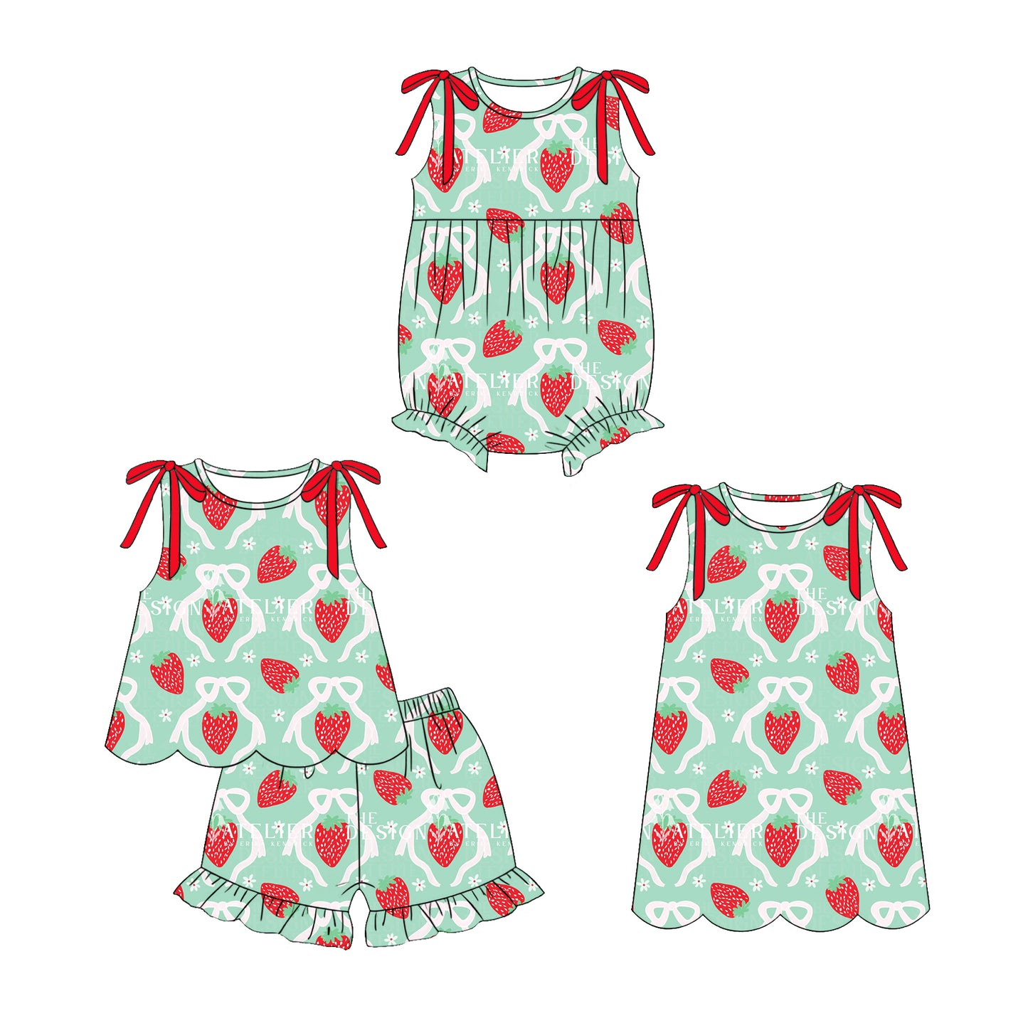 ( Moq 5 Each Style ) Sibling Baby Girls Kids Strawberry Bows Flower Romper Dress Set Green Clothes