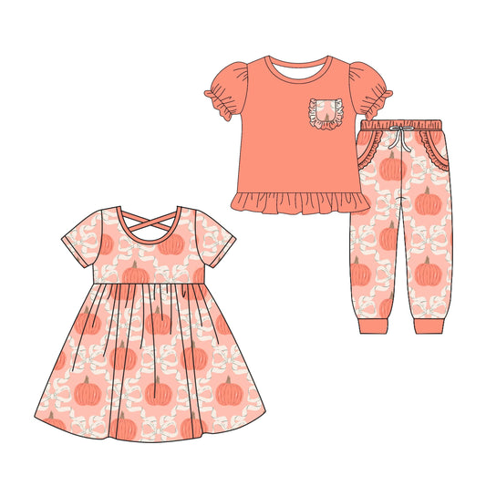 ( Moq 5 Each Style ) Baby Girl Toddler Short Sleeves Pumpkin Bows Sibling Dress Set 4.26