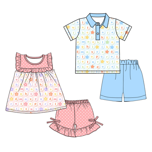 ( Moq 5 Each Style ) Sibling Baby Boys Girls Short Sleeves Back to School Shirts Shorts Sets