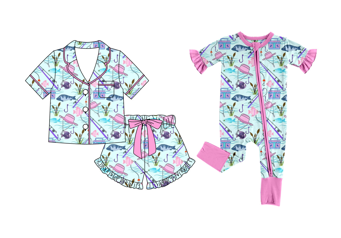 ( Moq 5 Each Style ) Baby Girls Kids Toddler Short Sleeves Fishing Sibling Zipper Romper Pajamas Set