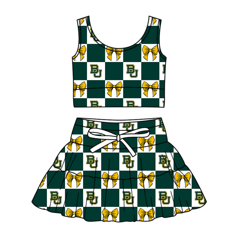 ( Moq 5 ) Baby Girls Toddler BU Bows Green Checked Tops Shorts Skirt Team Set