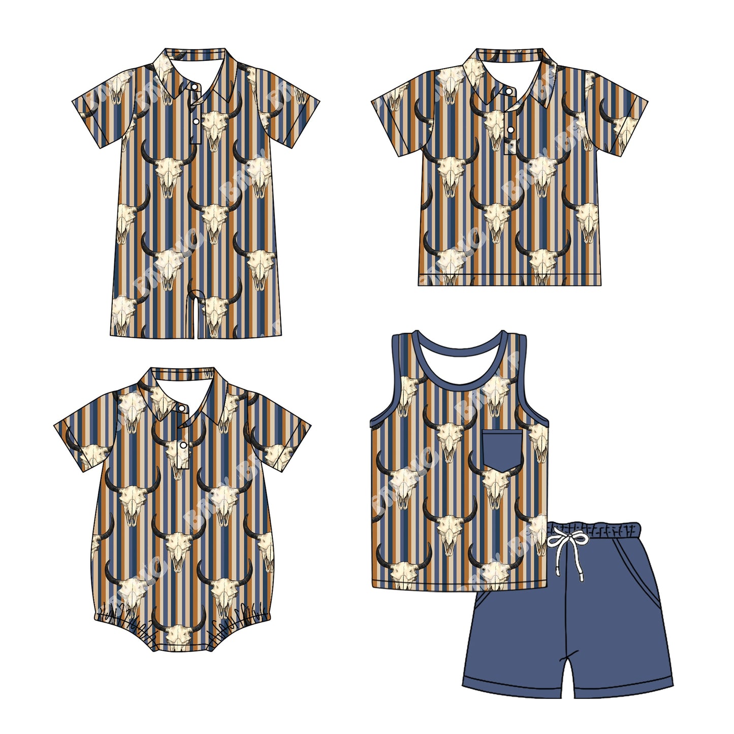 Baby Boy Short Sleeves Western Cow Stripes Sibling Romper Shirt Set ( Moq 5 Each Style ) 3.11