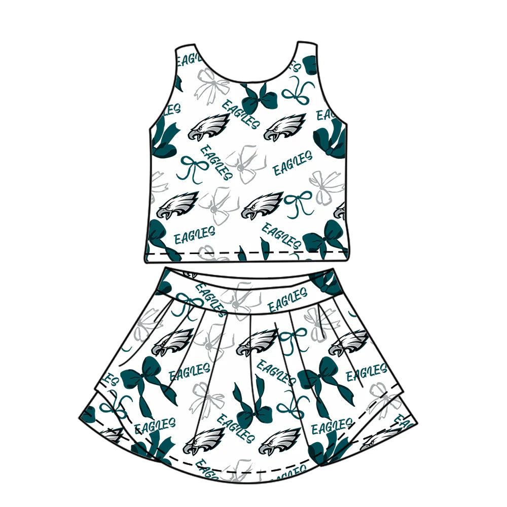 ( Moq 5 each style ) Baby Girl Toddler Team Green Bows Sibling Skort Dress Set 6.9