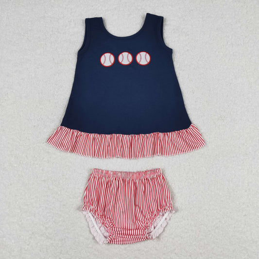 Baby Girl Sleeveless Embroidery Baseball Stripes Bummies Shorts Set
