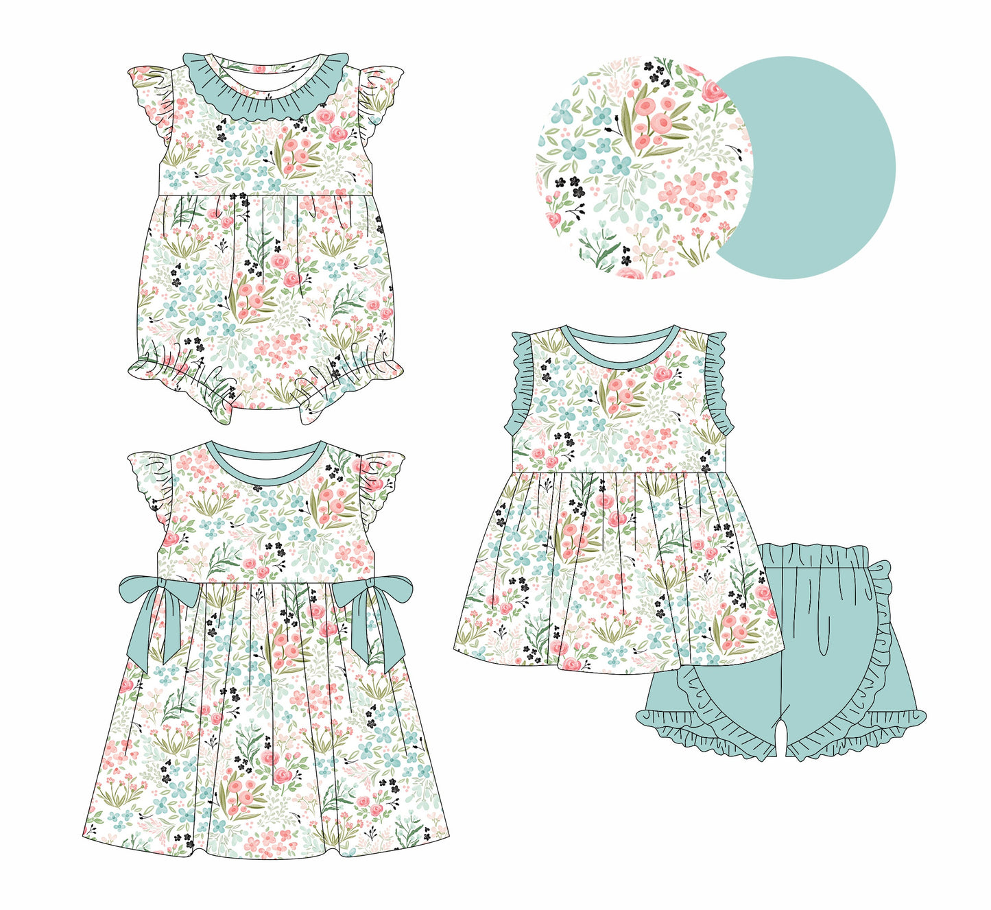 Baby Girl Floral Green Sibling Romper Dress Set ( Moq 5 Each Style ) 12.28