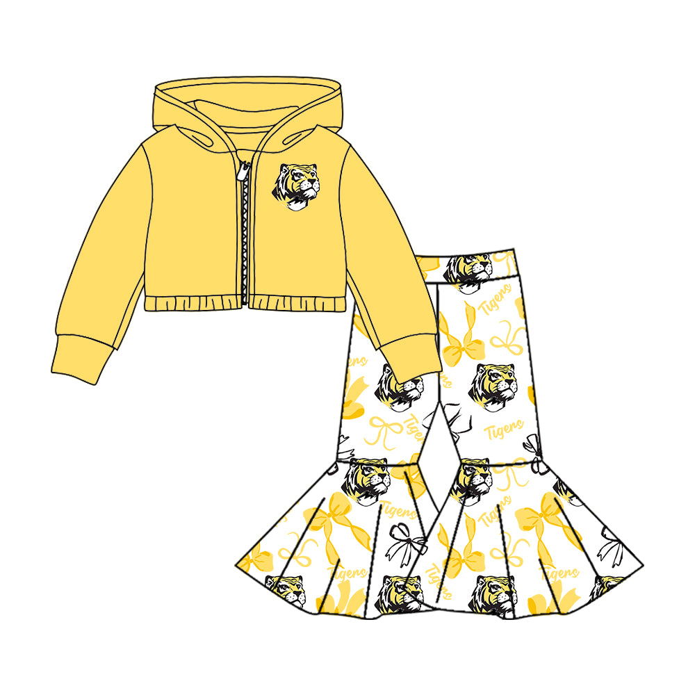 ( Moq 5 each style ) Baby Boy Girl Team Cheer Sibling Shirt Tiger Yellow Bows Jumpsuit Dress Set 7.30
