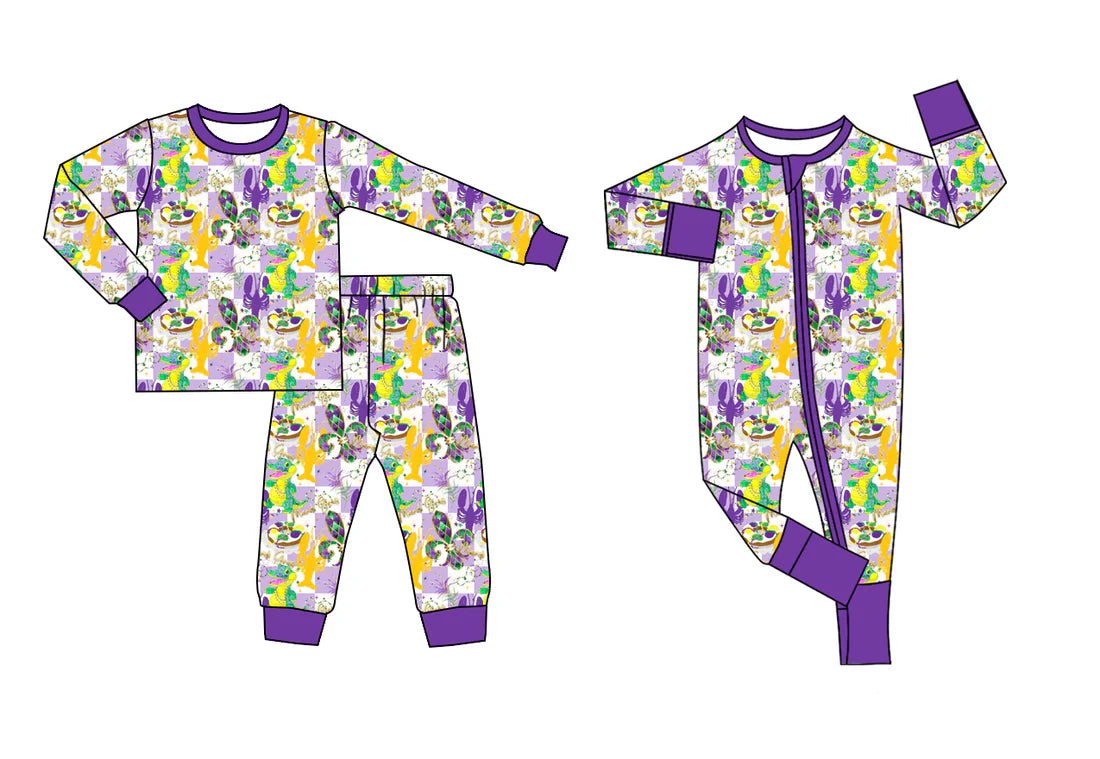 ( Moq 5 Each Style ) Baby Kids Crawfish Anchors Sibling Mardi Gras Zipper Romper Set