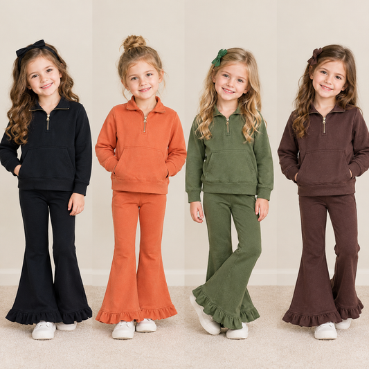Sibling Baby Girls Kids Long Sleeves Zipper Shirts Pockets Pants Sets Sweatsuit Cotton Clothes RTS