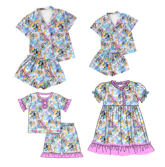 Baby Girl Toddler Adult Women Short Sleeves Dogs Rainbow Sibling Family Dress Pajamas Set ( Moq 5 Each Style ) 12.14
