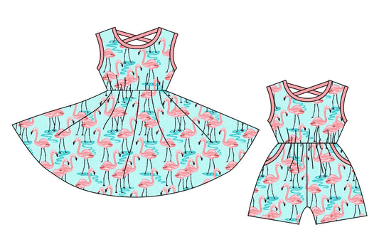Baby Girl Sleeveless Flamingos Sibling Dress Jumpsuit ( Moq 5 Each Style ) 12.20