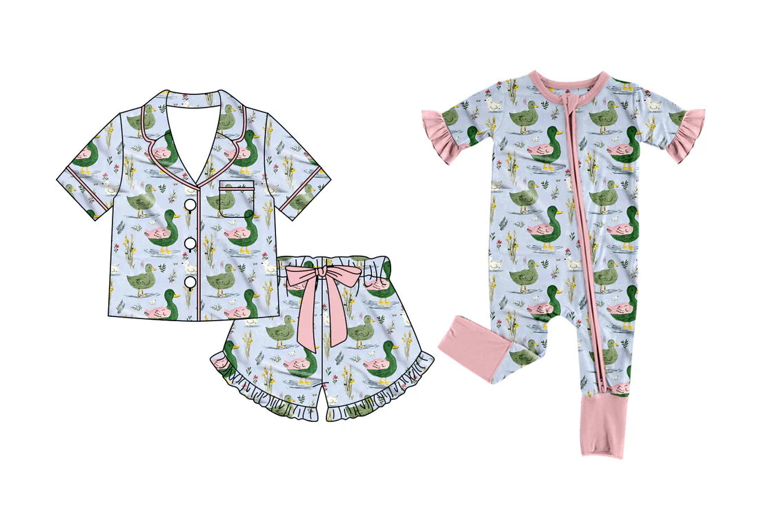 ( Moq 5 Each Style ) Sibling Baby Girls Kids Short Sleeves Ducks Buttons Shirt Shorts Pajamas Set Zipper Romper