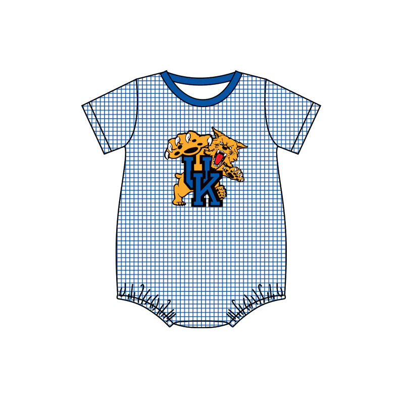 Baby Boy Short Sleeves Tiger Blue Plaid Bubble One Piece Romper