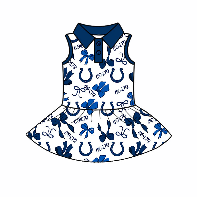 ( Moq 5 each style ) Baby Girl Toddler Blue Team Bows Sibling Skort Dress Set 6.6