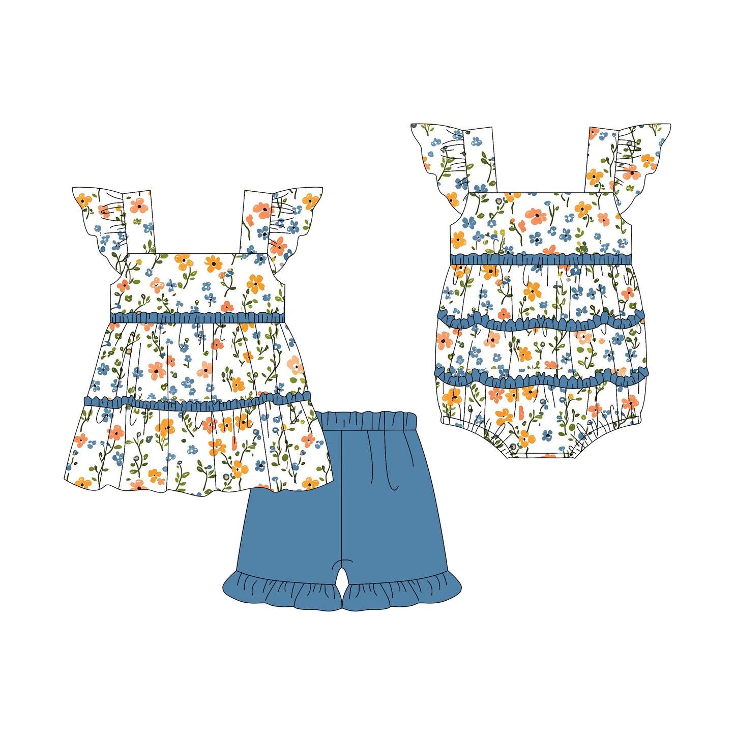 Baby Girl Short Sleeves Flower Blue Ruffle Sibling Romper Set ( Moq 5 Each Style ) 3.7