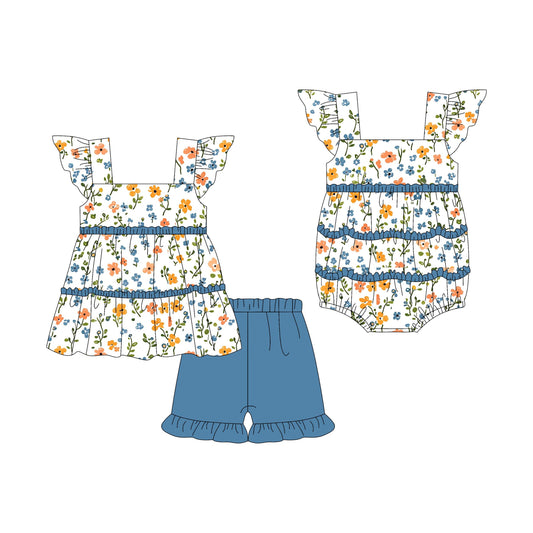 Baby Girl Short Sleeves Flower Blue Ruffle Sibling Romper Set ( Moq 5 Each Style ) 3.7