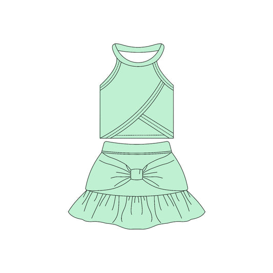 ( Moq 10 ) Baby Girl Aqua Sleeveless Vest Bow Ruffle Shorts Skirts Activity Wear Yoga Set