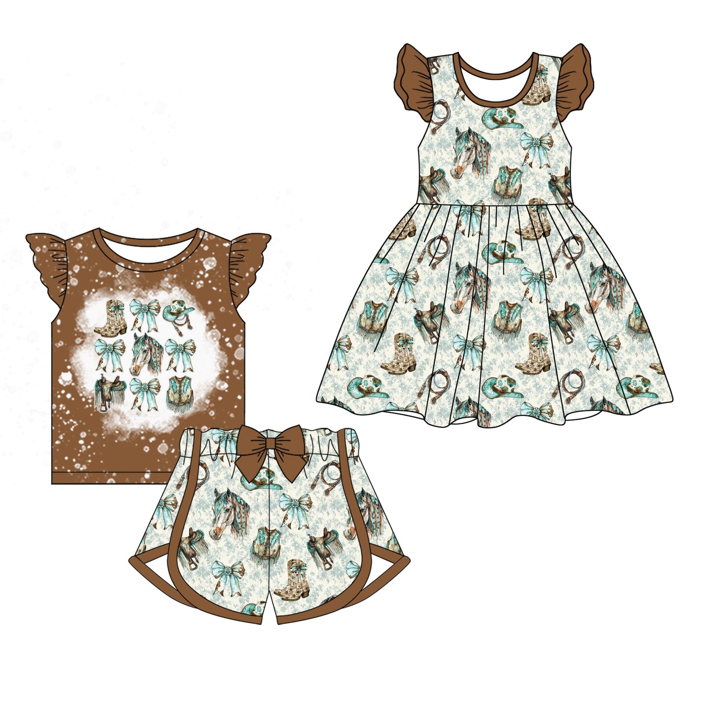 Baby Girl Western Horse Bows Sibling Dress Set ( Moq 5 Each Style ) 2.11