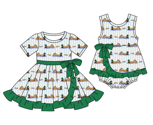 Baby Girl Ducks Green Bows Sibling Romper Dress ( Moq 5 Each Style ) 1.8