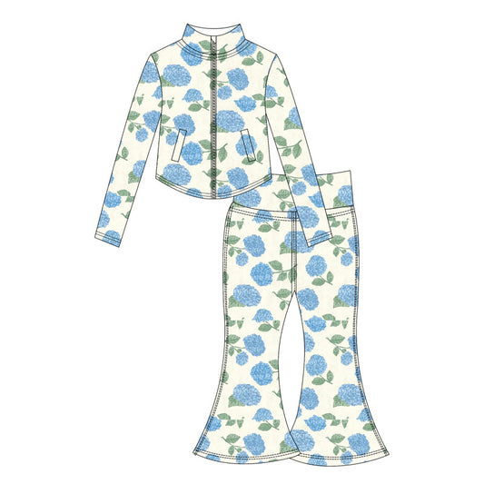 ( Moq 10 ) Baby Girls Blue Flower Long Sleeves Pockets Zipper Pants Activity Wear Yoga Set