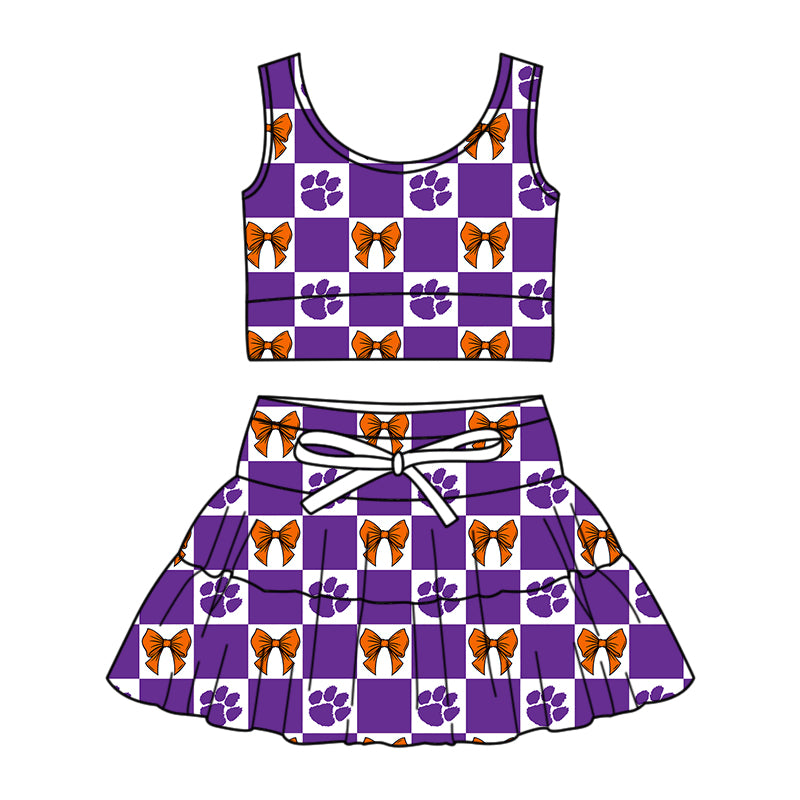 ( Moq 5 ) Baby Girls Toddler Bows Purple Checked Tops Shorts Skirt Team Set