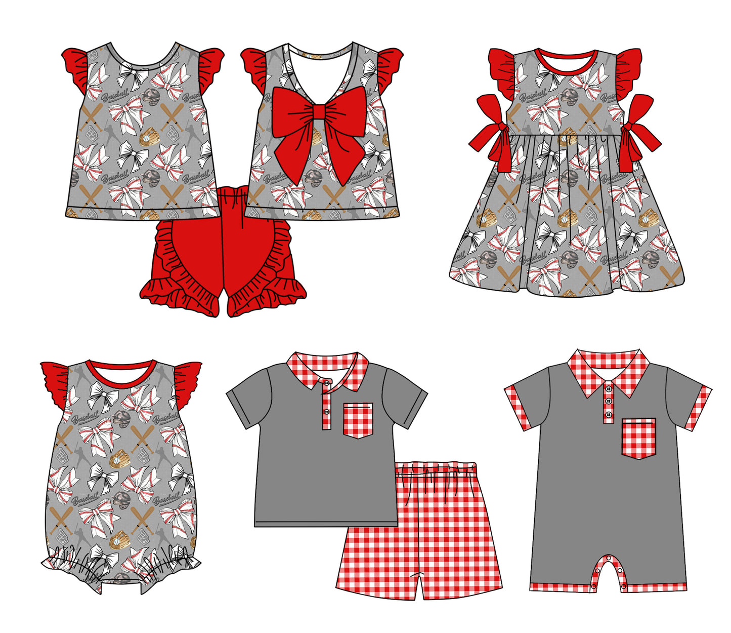 Baby Boy Girl Baseball Bows Sibling Dress Romper Clothes Set ( Moq 5 Each style )11.30