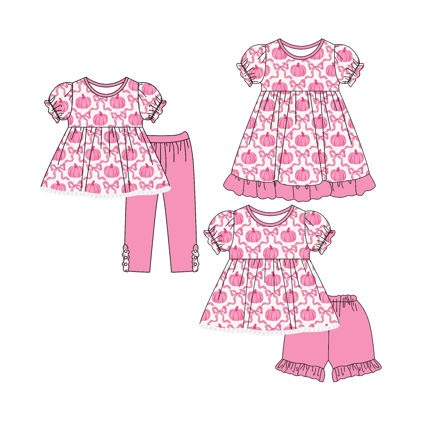( Moq 5 Each Style ) Baby Girl Short Sleeves Pink Bows Pumpkins Sibling Dress Set 4.25