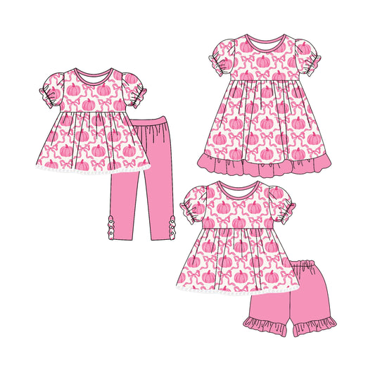 ( Moq 5 Each Style ) Baby Girl Short Sleeves Pink Bows Pumpkins Sibling Dress Set 4.25