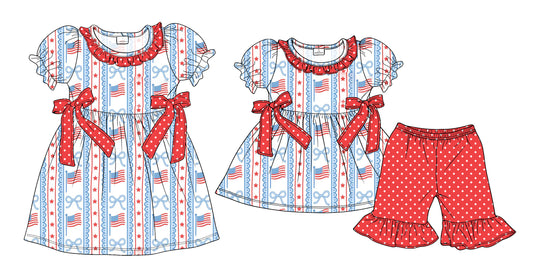 ( Moq 5 Each Style ) Sibling Baby Girls Kids Short Sleeves Flags Bows 4th of July Dress Set Clothes