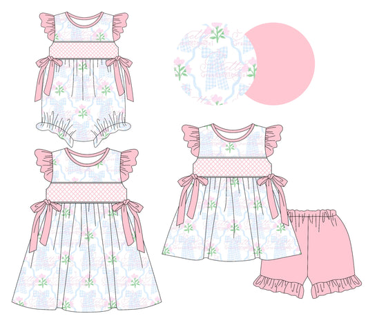 Baby Girl Short Sleeves Flower Bows Pink Sibling Romper Dress Set ( Moq 5 Each Style ) 3.8