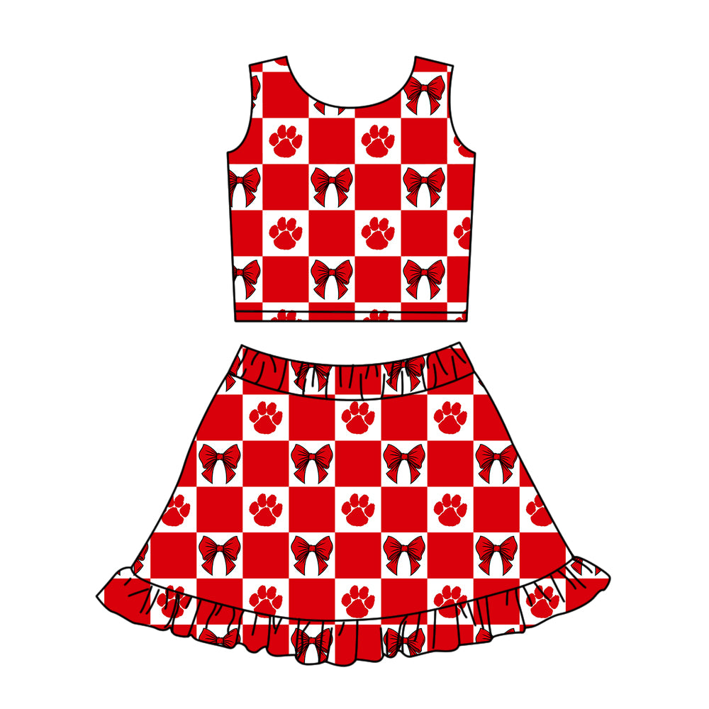 ( Moq 5 ) Baby Girls Kids Bows Red Checked Tops Shorts Ruffle Skirt Team Set