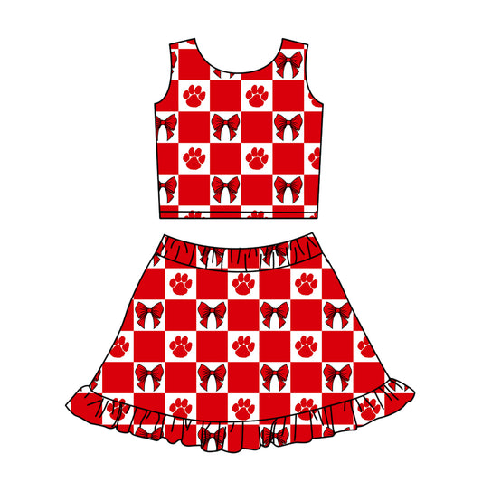 ( Moq 5 ) Baby Girls Kids Bows Red Checked Tops Shorts Ruffle Skirt Team Set