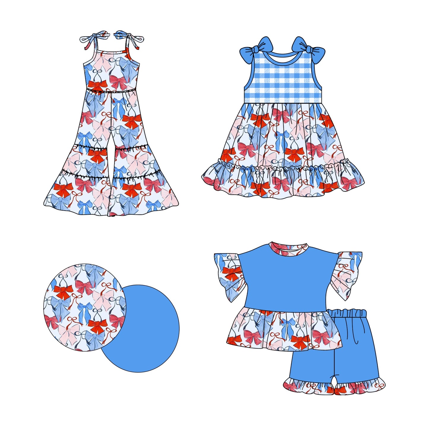 Baby Girl July 4th Bows Checked Sibling Jumpsuit Dress Set ( Moq 5 Each Style ) 2.21