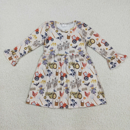 Baby Girl Long Sleeves Farm Animals Tracks Ghosts Pumpkins Halloween Fall Ruffle Dress RTS
