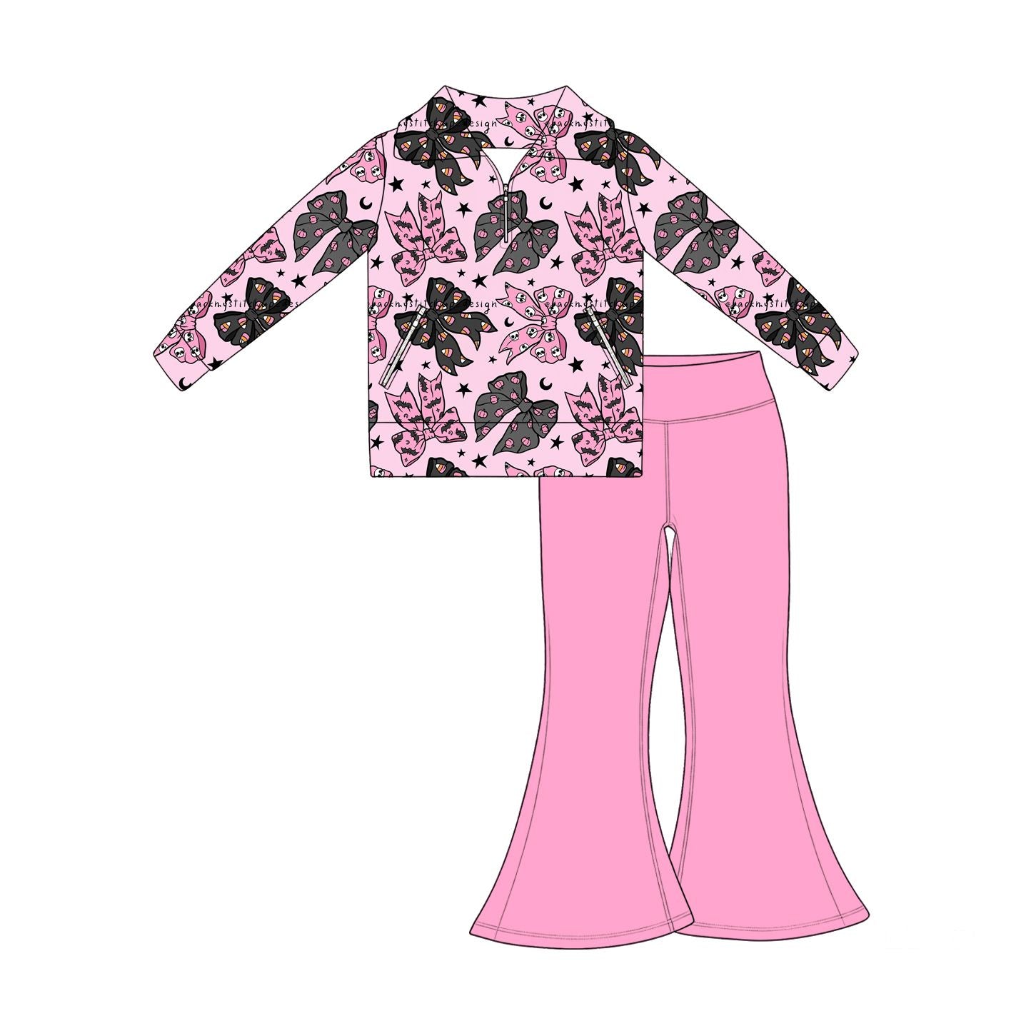 ( Moq 5 ) Preorder Baby Girls Kids Halloween Bows Zipper Pockets Tops Pink Pants Set Clothes