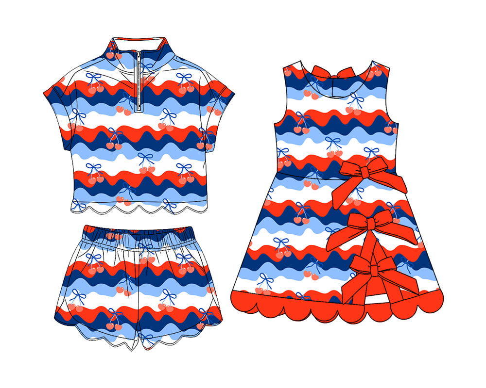 ( Moq 30 Each Style ) Sibling Baby Girls Kids 4th of July Zipper Shirts Scallop Shorts Set Dress Summer Clothes