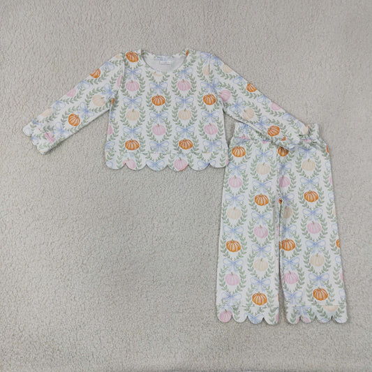 Baby Girls Kids Long Sleeves Pumpkins Bows Shirt Scallop Pants Set Fall Clothes RTS