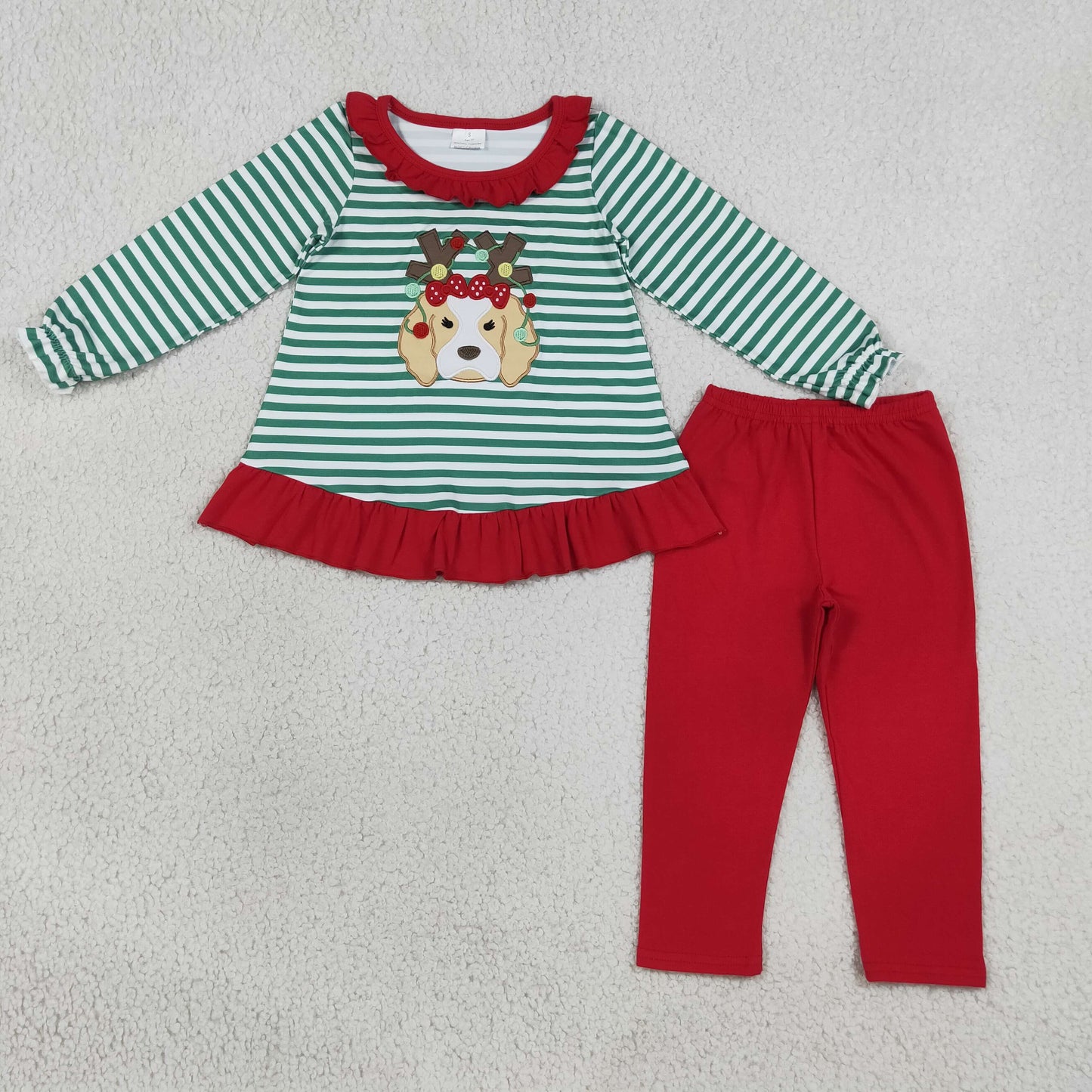 Baby Girls Kids Embroidery Dog Stripes Tunic Red Pants Set Christmas Clothes RTS