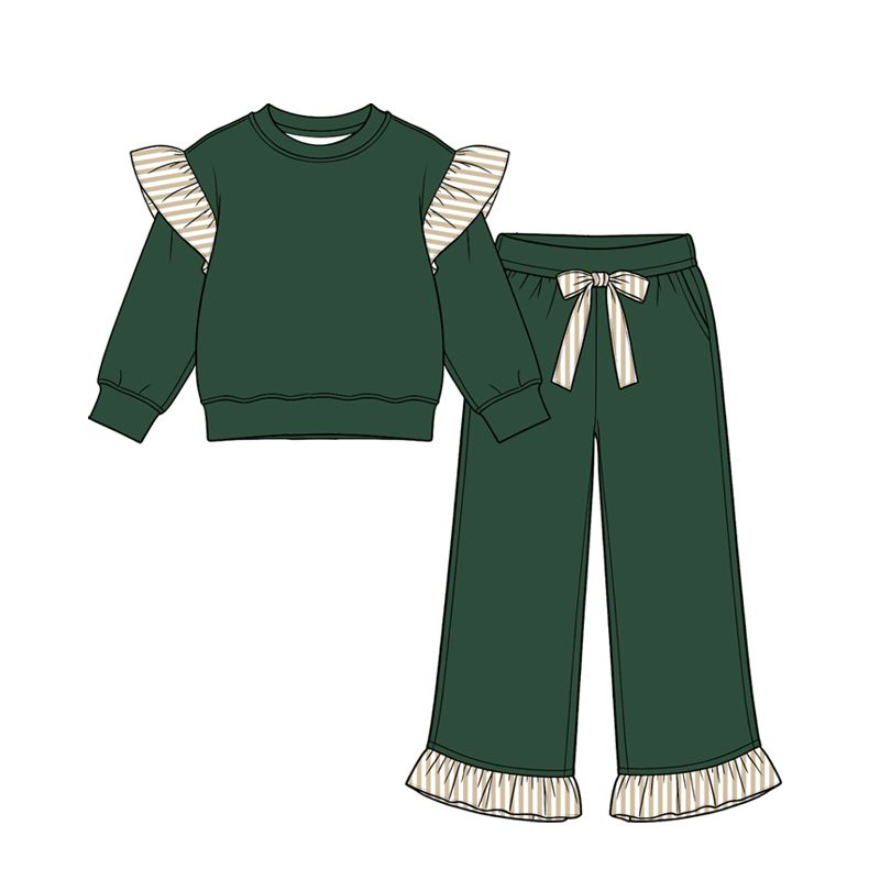 ( Moq 5 ) Preorder Baby Girls Kids Long Sleeves Ruffle Tops Pockets Pants Cotton Set Green Clothes