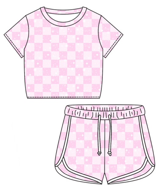 Baby Girl Short Sleeves Pink Checkered Shirt Shorts Clothes Set Moq 5