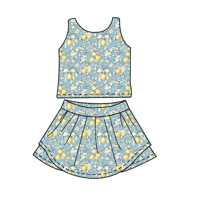 ( Moq 5 ) Preorder Baby Girls Kids Sleeveless Lemons Tops Skirt Shorts Yoga Active Set Clothes