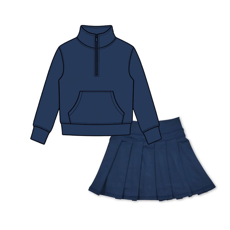( Moq 5 ) Preorder Baby Girls Kids Navy Pocket Zipper Shirt Skirt Shorts Yoga Active Set Clothes