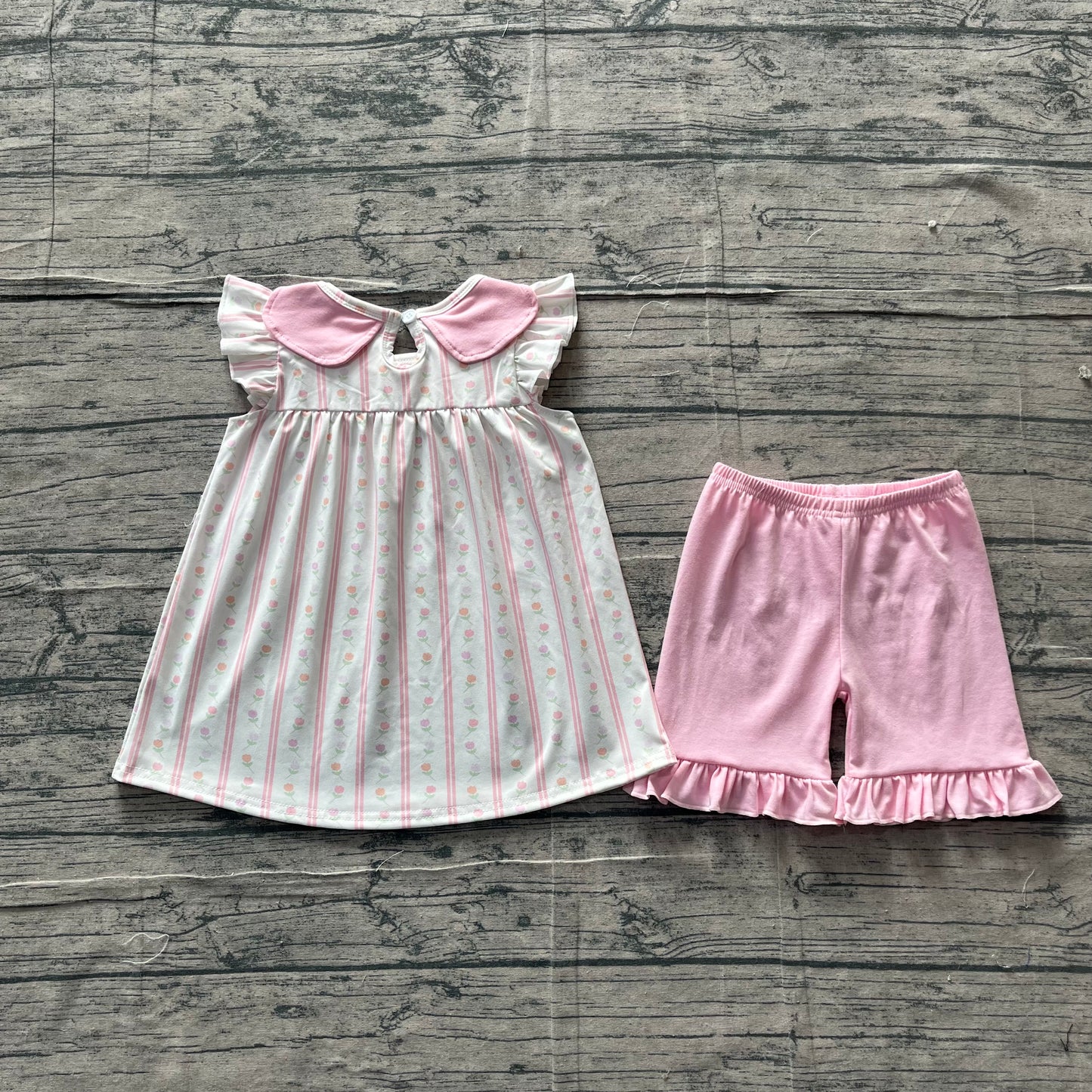 ( No moq ) Preorder Baby Girls Kids Summer Floral Stripes Tunic Pink Ruffle Shorts Clothes Set
