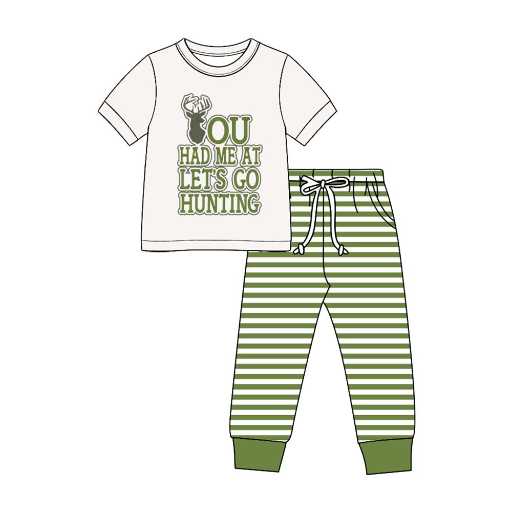 ( Moq 5 ) Preorder Baby Boys Kids Deer Hunting Shirt Green Stripes Pockets Pants Set Clothes