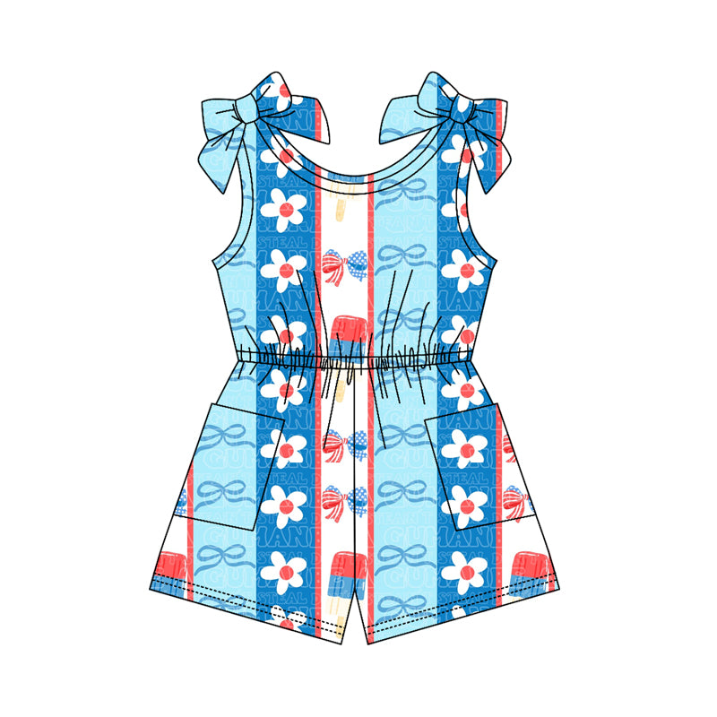 ( Moq 5 ) Preorder Baby Girls Kids Flower Bows Pockets Shorts 4th of July Jumpsuit