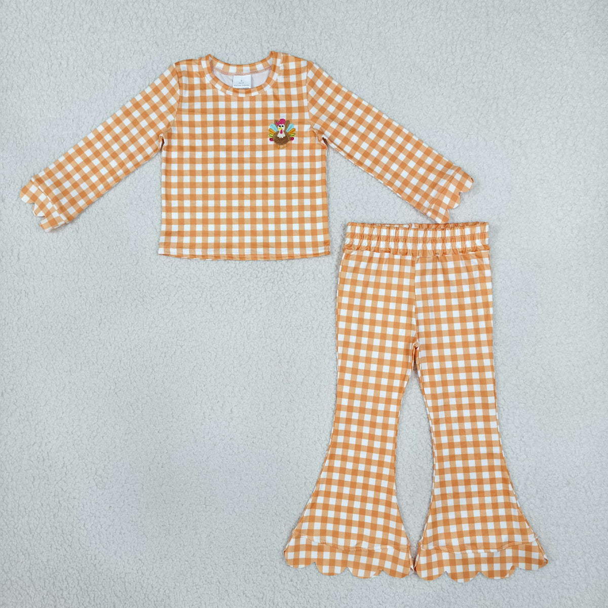 Baby Girls Kids Embroidery turkey Scallop Tops Orange Plaid Pants Thanksgiving Set RTS