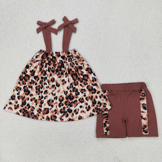Baby Girl Straps Bows Leopard Tunic Ruffle Brown Short Set RTS