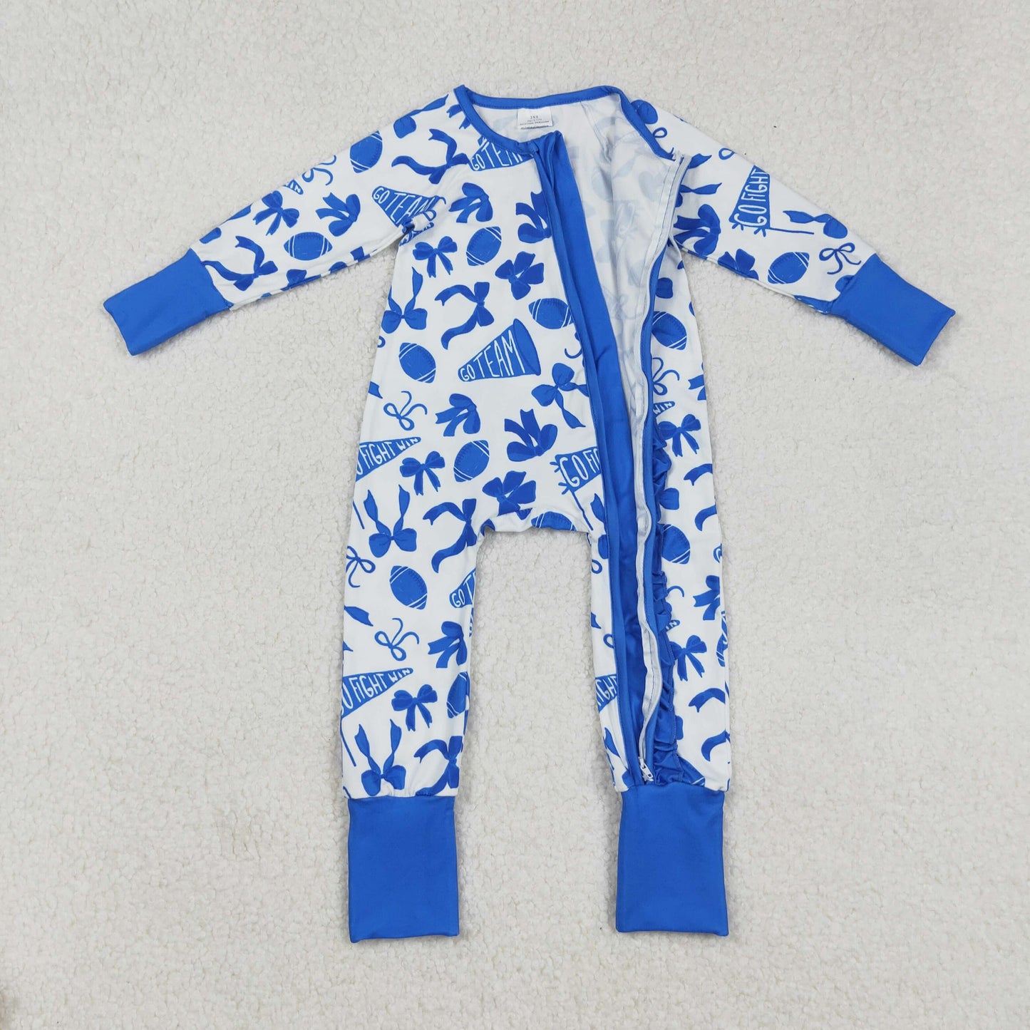 Baby Girl Long Sleeves Football Bows Team Cheer Blue Zipper Romper RTS