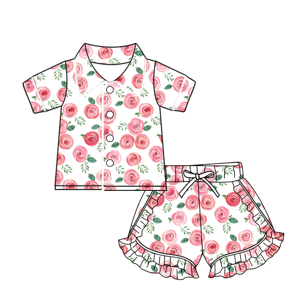 Baby Girl Flower Short Sleeves Buttons Shirt Ruffle Shorts Pajamas Set Moq 5